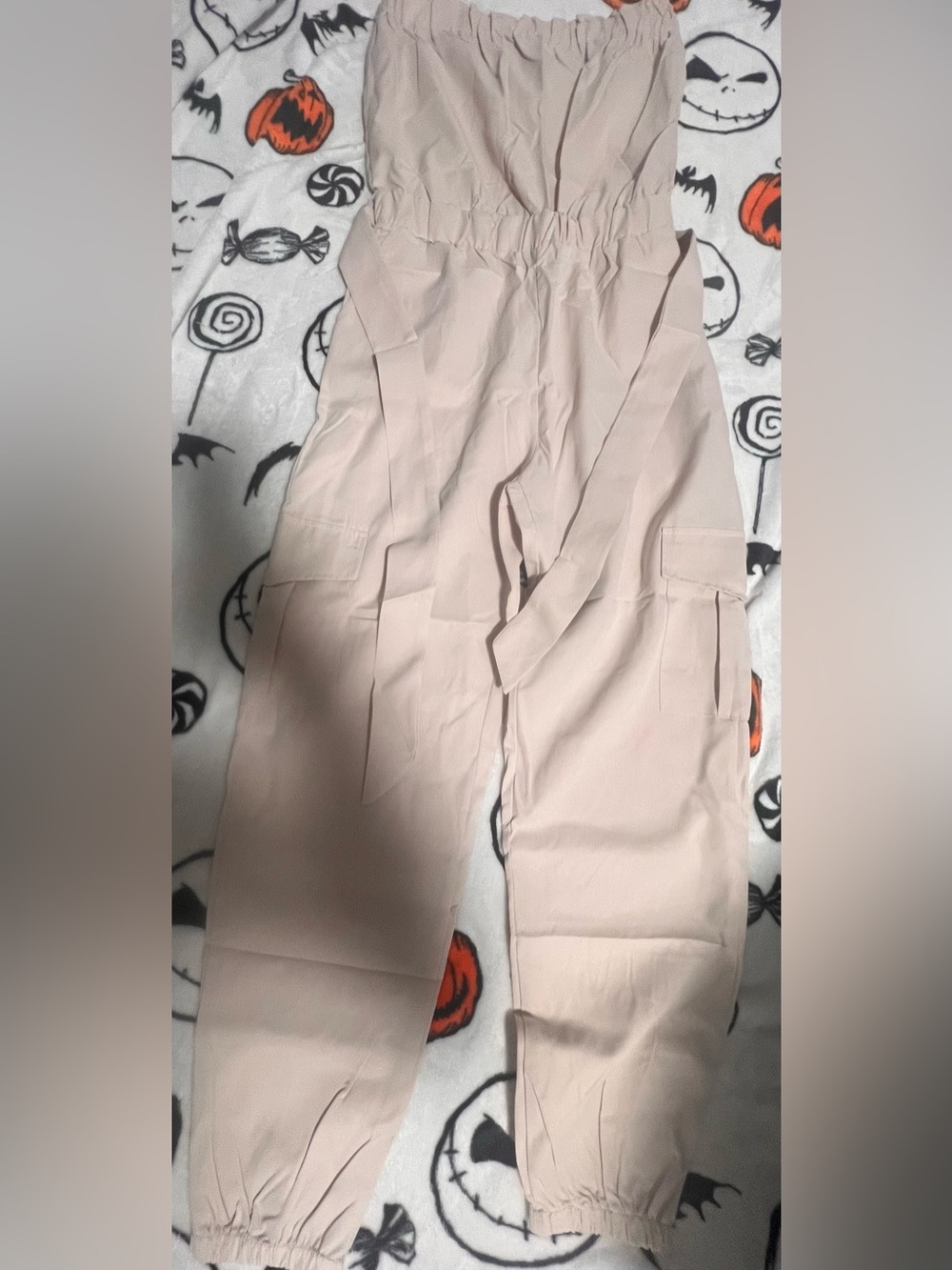 Elastic-Waist Strapless Cargo Jumpsuit in Light Beige